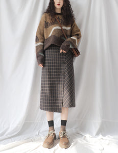 日本牛绒毛針織圓領圖案毛衣+百搭長格仔長短腳長裙
